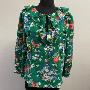 LOFT Floral Ruffle Neck Blouse Women's Size S Green Floral Long Sleeve Top‎ NEW
